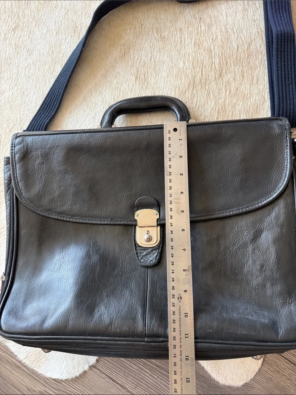 Vintage Black Italian Leather Briefcase Messenger Laptop Bag Shoulder Strap